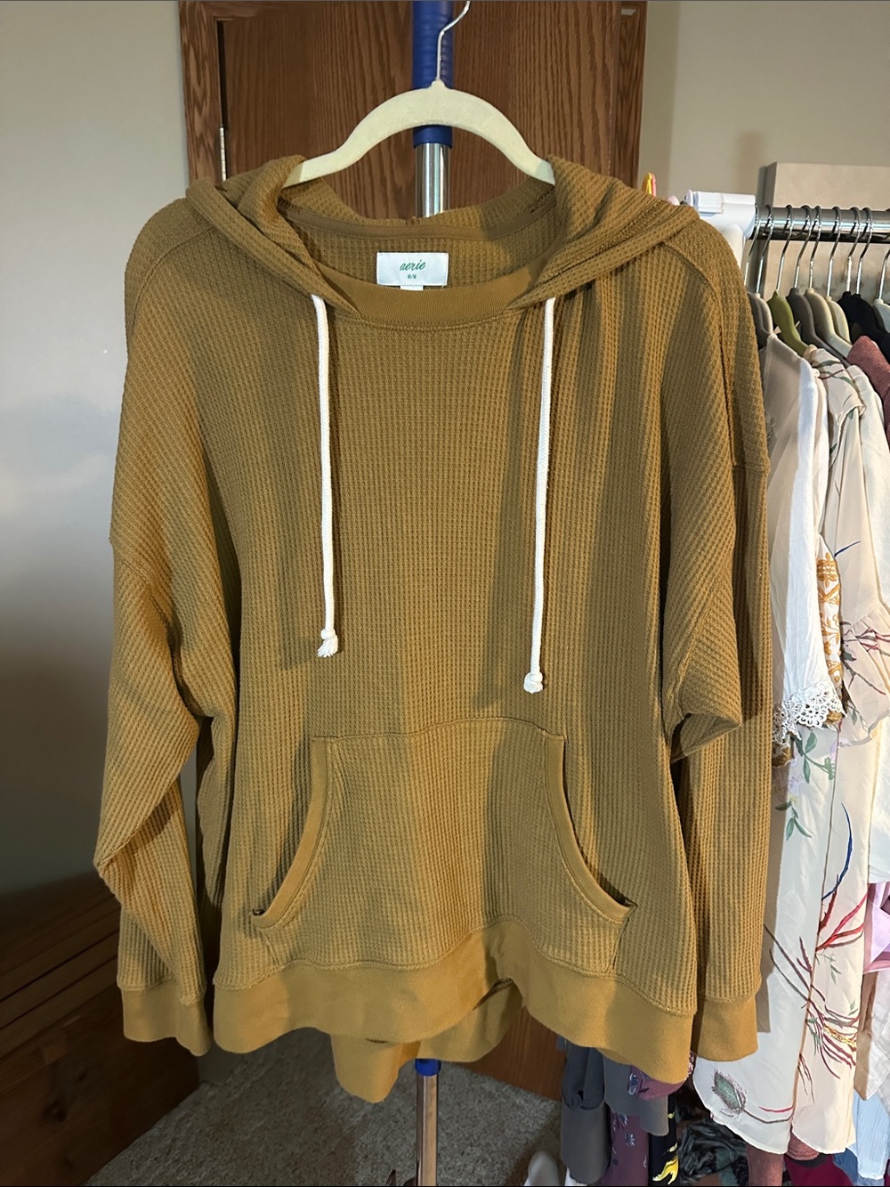 aerie Mustard Waffle-Knit Hooded Pullover
